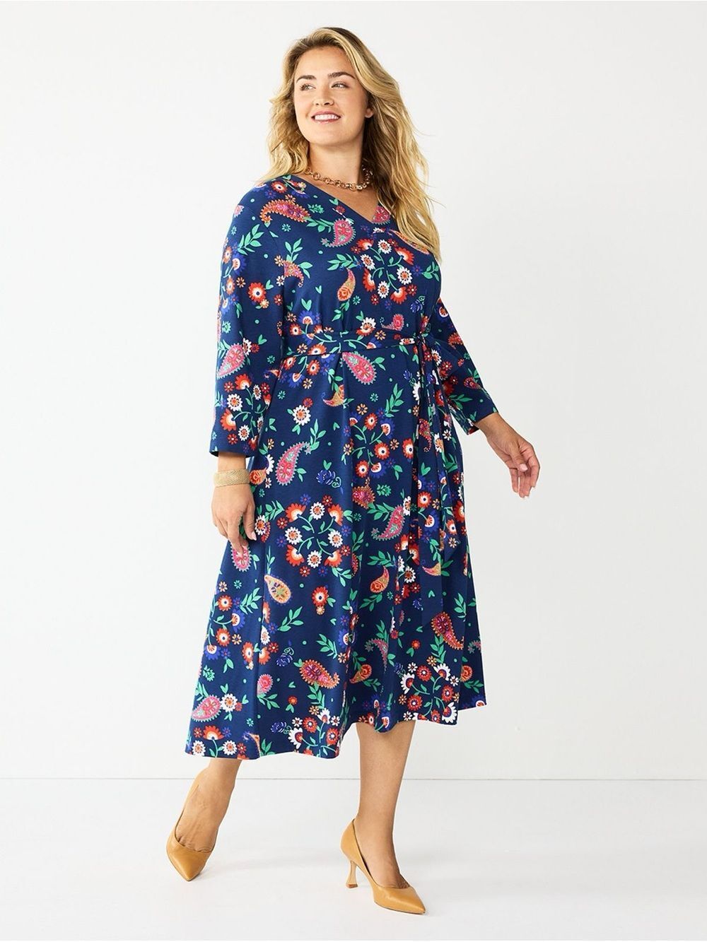 Croft & Barrow V-Neck Midi Dress 2X Floral Paisley
